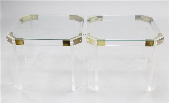 A pair of modern brass mounted perspex occasional tables, W.1ft 8in.